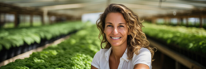 Happy Young Woman Agronomist Facing Camera in Large Greenhouse