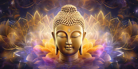 Foto op Plexiglas 3d glowing golden buddha face and seamless pattern, abstract colorful lotuses floral © Kien