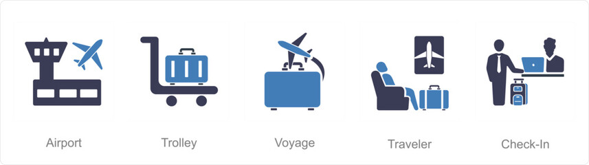 Fototapeta premium A set of 5 Airport icons as airport, trolley, voyage