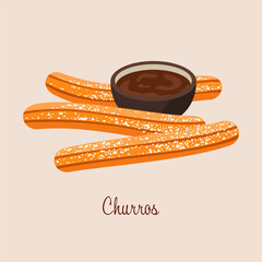 Churros sweet pastries with hot chocolate vector illustration