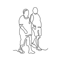 Elderly couple walking together holding hands continuous line vector illustration