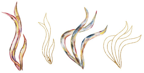 Fototapeta na wymiar Acrylic hand painted corals illustration set, golden graphic liner shell clipart, ocean life clip art