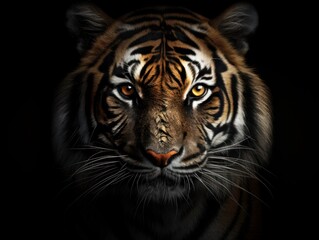 Bengal Tiger Profile Portrait: Panthera tigris tigris Isolated on Gray-Black Background - obrazy, fototapety, plakaty