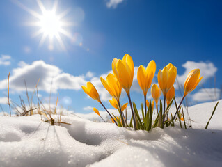Nature lighting of spring landscape with first yellow crocuses flowers on snow in the sunshine and beautiful sky.