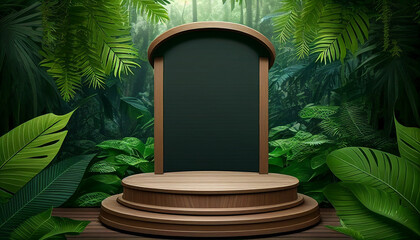 Wooden podium in tropical forest for product presentation and green background. Generative AI.