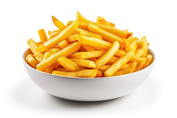 French fries on a bowl on a white background. Generated by artificial intelligence