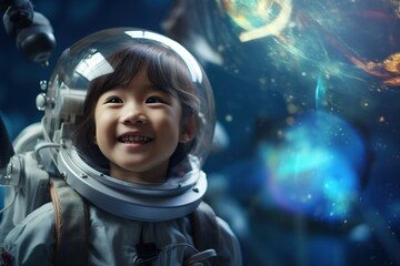 Portrait of little asian girl wearing astronaut helmet in the space