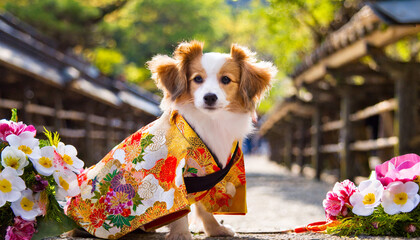 A stylish dog is wearing a Japanese kimono