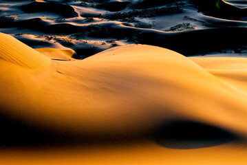 Sanddünen in der Wüste Gobi, Mongolei im orangenen Licht der Abendsonne