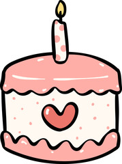 Birthday cake, cute pink sweet doodle hand drawing illustration