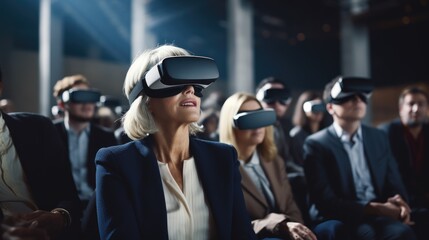 Vr experience senior business manager woman attend meeting wearing vr virtual goggle glasses standing in autitorium convention hall with crowd of business people background - obrazy, fototapety, plakaty
