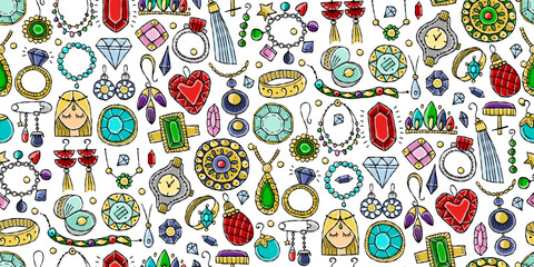 Jewelry fashion accessories of gemstones, gold or diamonds. Rings and earrings, stones, necklaces and pendants. Seamless pattern background for your design