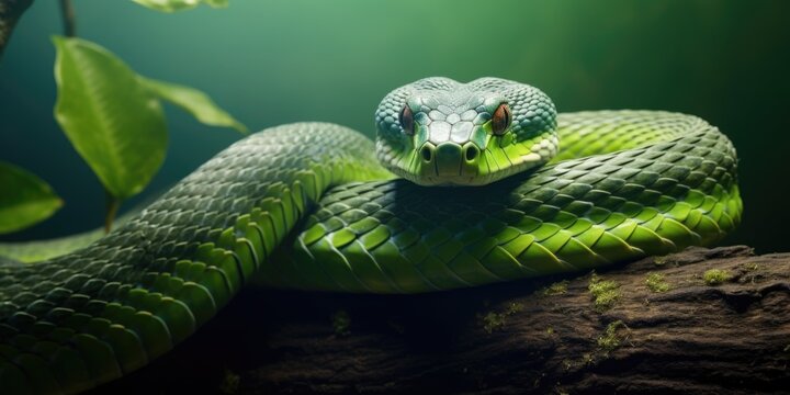 Green venomous snake on the tree