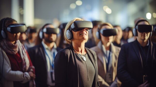 Vr experience senior business manager woman attend meeting wearing vr virtual goggle glasses standing in autitorium convention hall with crowd of business people background