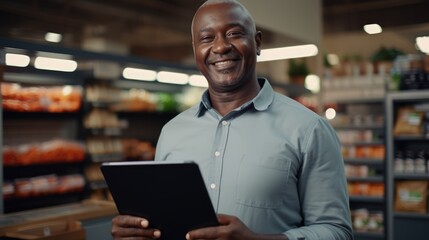 Fototapeta premium A mature African American man who owned a grocery store with a tablet PC. Online accounting and sales analysis. He stands and openly smiles looking at the camera