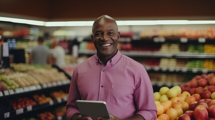 A mature African American man who owned a grocery store with a tablet PC. Online accounting and sales analysis. He stands and openly smiles looking at the camera - obrazy, fototapety, plakaty