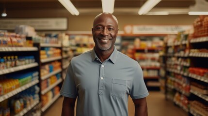 A mature African American man who owned a grocery store with a tablet PC. Online accounting and sales analysis. He stands and openly smiles looking at the camera - obrazy, fototapety, plakaty