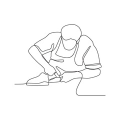 One continuous line drawing of an employee who is working in a shoe factory vector illustration. Shoes factory activity illustration simple linear style concept vector. suitable for your asset design.