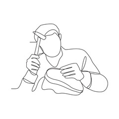 One continuous line drawing of an employee who is working in a shoe factory vector illustration. Shoes factory activity illustration simple linear style concept vector. suitable for your asset design.