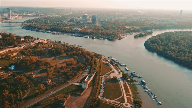 Aerial view of Belgrade rivers and cityscape, Serbia.	
