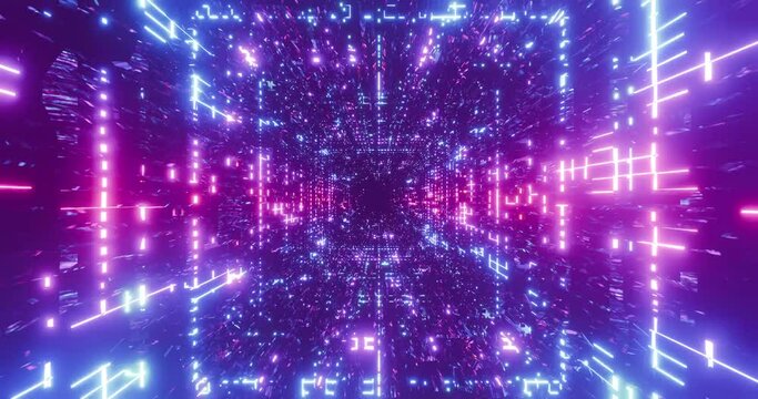 Abstract futuristic tunnel with geometric structural shape and neon lights. Continuing tunnel endlessly to the depths. Neon light gateway. 4K 3D looped animation rendering.