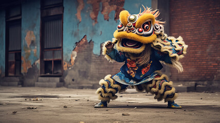 The lion dance with red legs flies along the ground, generative ai