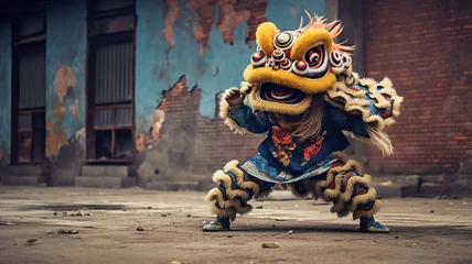 Cercles muraux Carnaval The lion dance with red legs flies along the ground, generative ai