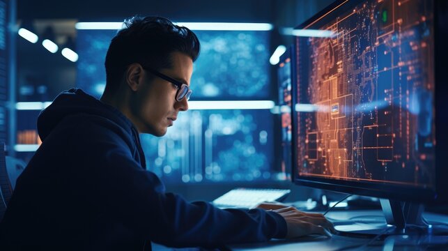 Close&nbsp;-&nbsp;up Portrait of Software Engineer Working on Computer,&nbsp;Line of Code Reflecting in Glasses.&nbsp;Developer Working on Innovative e&nbsp;-&nbsp;Commerce Application using Machine Learning,&nbsp;AI Algorithm,&nbsp;Big Dat