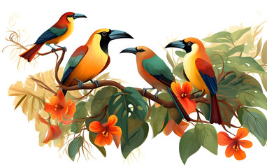 Tropical birds on a branch, Generative AI - obrazy, fototapety, plakaty