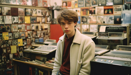 Vintage polaroid picture, 1996s 15 years old teenager in a record store in London,listening to record with headphone generative ai - obrazy, fototapety, plakaty