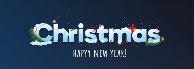 Christmas background cover. Happy New Year cover banner for Christmas. 2024 banner. 2024 New year banner with snow. New Year Celebrations. Christmas decoration and confetti on blue. Winter Background.