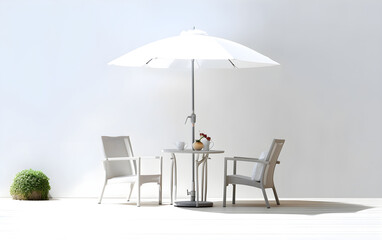 Fototapeta premium Cozy chairs and a table under the shade of a bright umbrella., Generative AI
