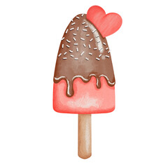Watercolor Valentine Red ice cream and heart.