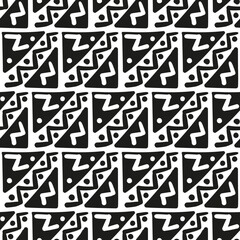 Repeating black and white ornament. Seamless pattern of lines, dots, circles, squares. Monochrome texture for printing and creating your own design