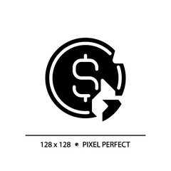 2D pixel perfect glyph style broken coin icon, solid isolated vector, simple silhouette illustration representing economic crisis.