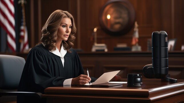 Female judge during an online trial. Video call in front of laptop monitor. Focus on the judge's gavel
