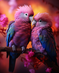 Pink and Purple Parrots Sitting on a Branch with Flowers in the Background - obrazy, fototapety, plakaty