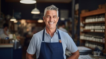 Grocery store owner. A middle aged Caucasian man in blue apron smiling and looking at camera. Small business in a country of equal opportunities. He stands and openly smiles looking at the camera