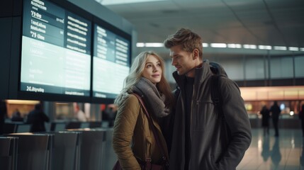 Loving Caucasian couple in front of an information board at the airport. They are waiting for the boarding announcement for flight