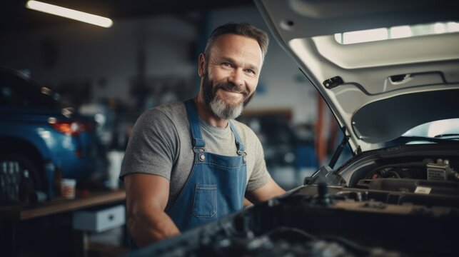 Man repairing a car in auto repair shop. Smiley middle aged Caucasian man in his workshop