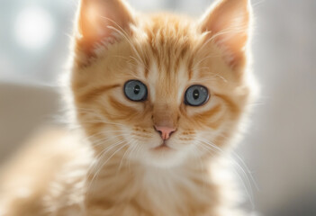 Close-up portrait of a cute ginger kitten on gray background.  Cute ginger kitten with blue eyes on blurred background, closeup. 