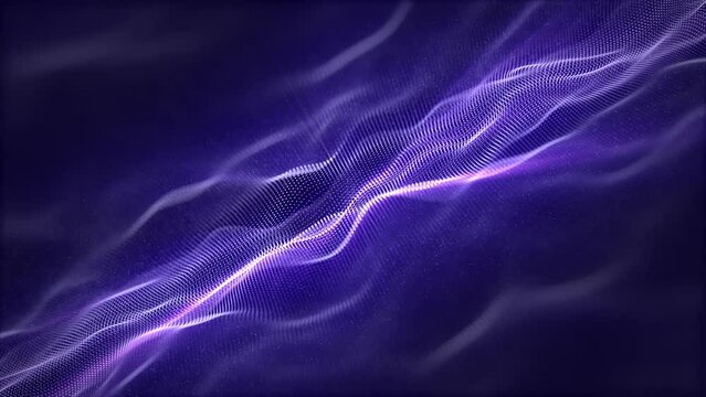 Loop animation of an abstract purple and blue particle waves made of smooth lines and dots on a dark background with shine and glow effect , motion graphics , looped video, 4k , 60 fps