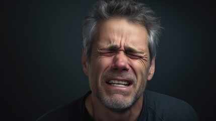 Obraz premium Middle aged Caucasian man on dark grey background touching her face and closing eyes with expression of horrible suffer from health problem and aching tooth,�showing dissatisfaction