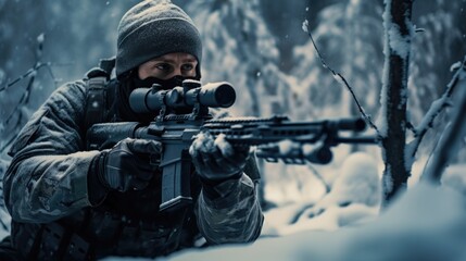 Military sniper in the winter forest. The concept of special operations behind enemy lines. The sniper aims at the enemy - obrazy, fototapety, plakaty