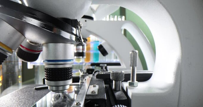 Colorful rows of laboratory test tubes and microscope science and education