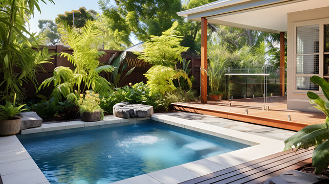 stunning backyard small spa pool with beautiful garden surorunds, modern australian home
