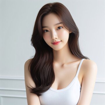 A beautiful young Korean woman wearing a white tank top, available for cosmetics, beauty salon ads