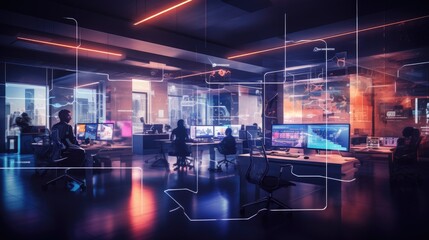 Modern neon cyberpunk open space office interior blurred with information technology overlay. Corporate strategy for finance, operations, marketing