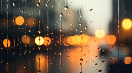 A window with rain drops on it and a city in the background. Generative AI.