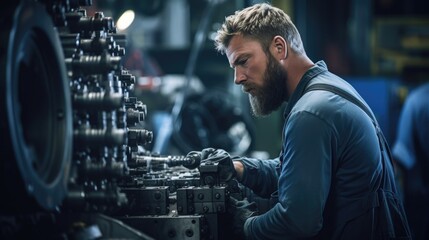 Photo of a male worker checking quality of mechanisms at a large machine building enterprise. Mechanical engineering, as one of the most important components of independence of the country's economy